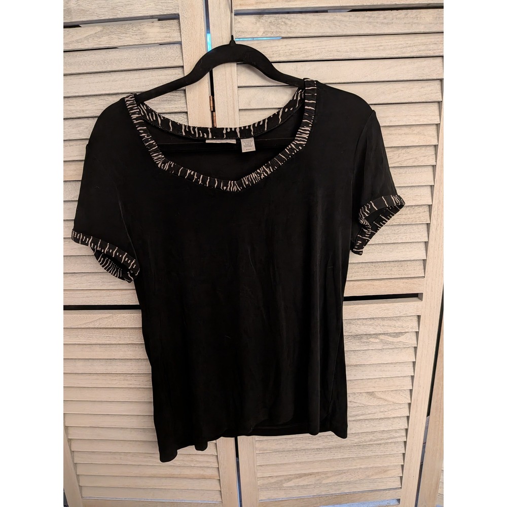 Chicos Womens Size 2 (large) Black Short Sleeve Scoop Neck Top Abstract Trim